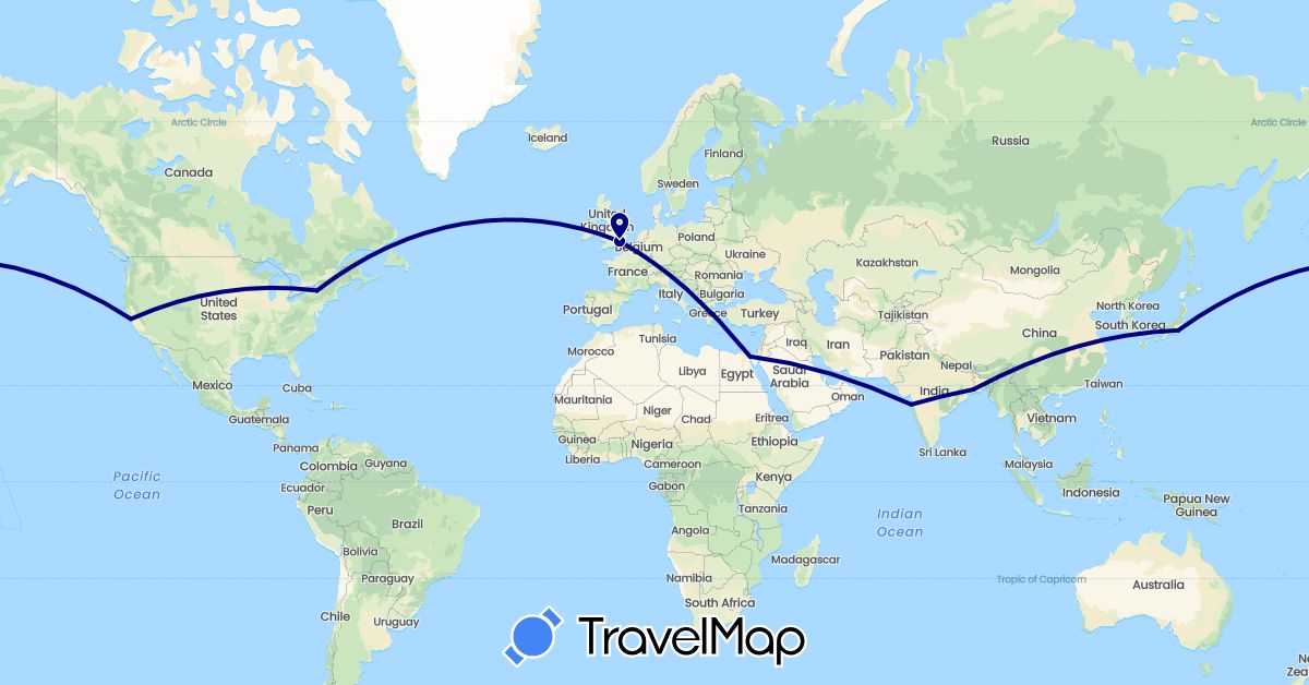 TravelMap itinerary: driving in Egypt, United Kingdom, India, Japan, United States (Africa, Asia, Europe, North America)